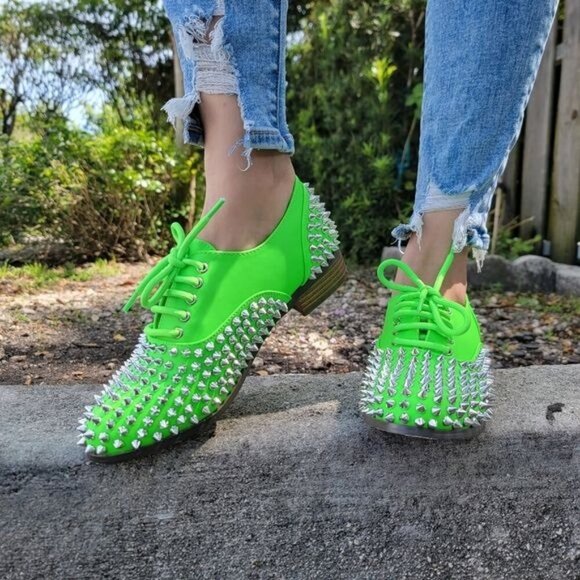 Women's Neon Green Silver Studded Lace Up Flat Oxford Shoes - Picture 3 of 5